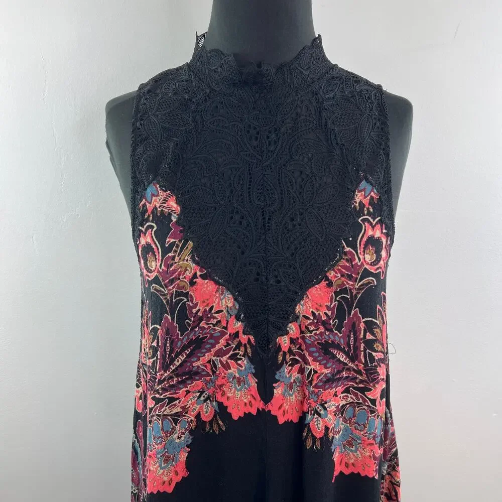 FREE PEOPLE Marsha Black Pink Slip Dress Floral Lace Mock Neck Pullover Medium M